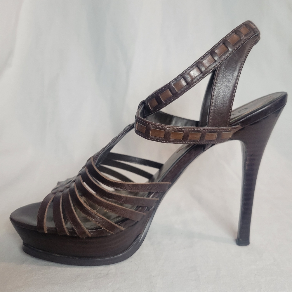 Guess Women's Strappy Ankle Strap Stiletto High Heel Platform Wooden Heel - Sz 8 - Picture 3 of 13